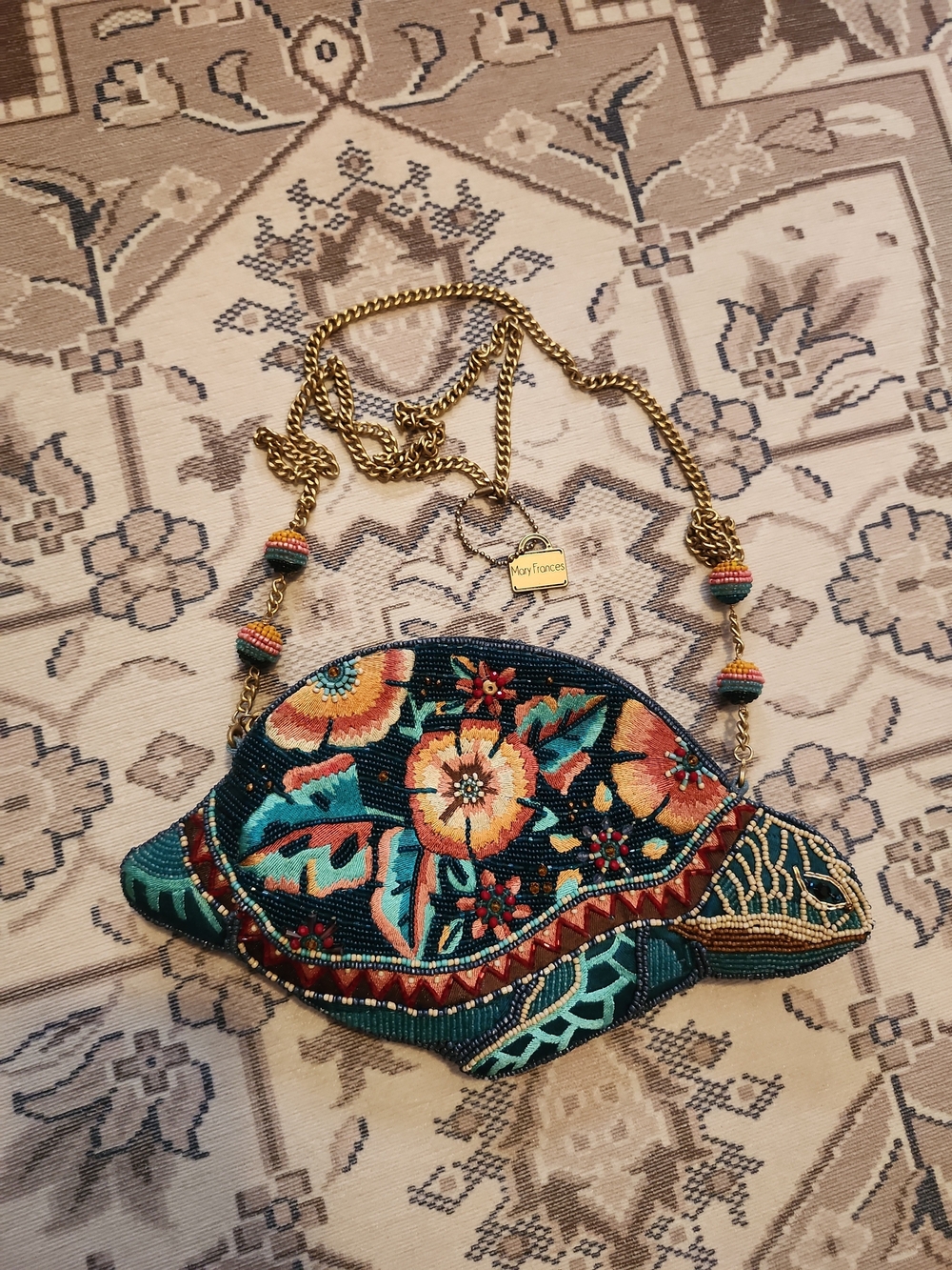 Mary Frances Turtle Teal Floral Beaded Shell Crossbody Bag